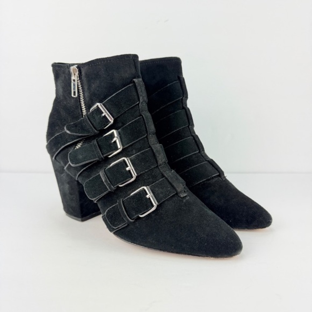 Rebecca Minkoff 8.5 Black Suede Buckle Zip Women Ankle Boots Designer Luxury‎